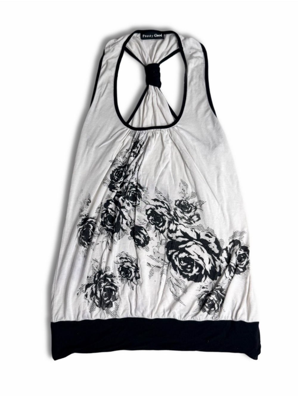 Y2K Pretty Good White Racerback Tank Top with Glittery Black Rose Print